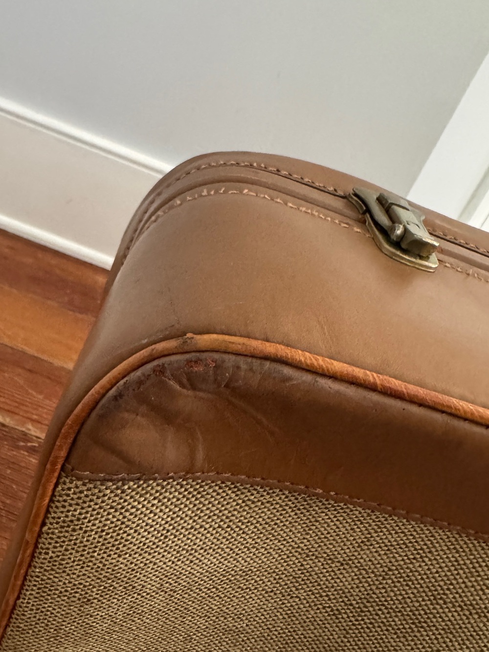 Vintage 60's Brooks Brothers Tan Leather Fabric Suitcase Luggage Combination - Picture 10 of 15